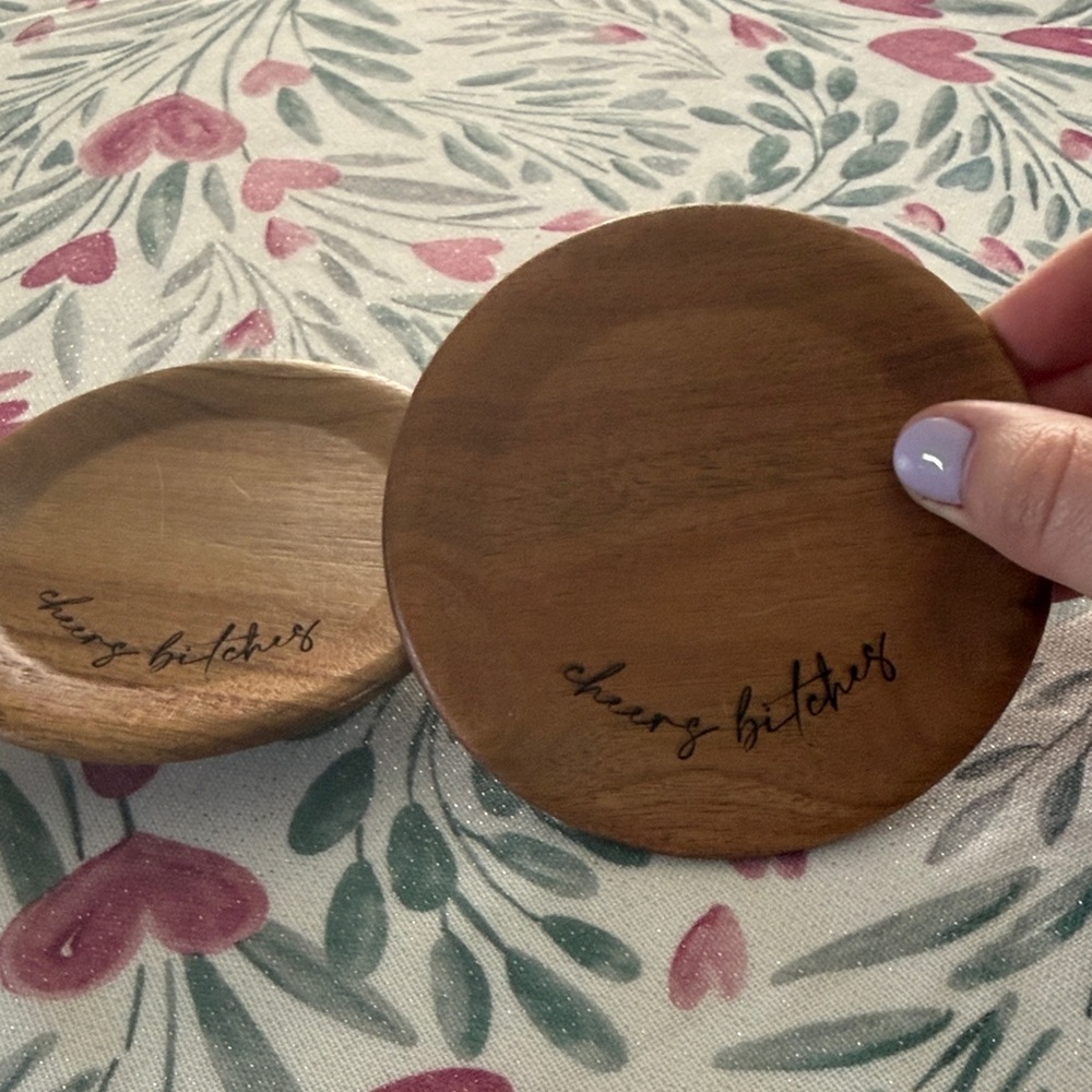 Wooden glass Topper Coaster Set with 'cheers bitches' Script